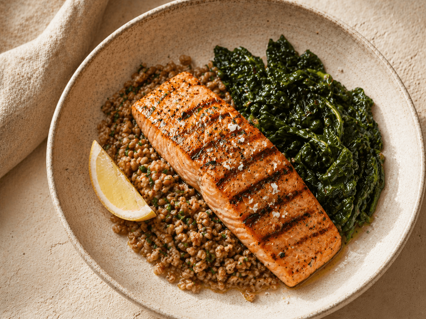 Grilled salmon, farro, wilted greens